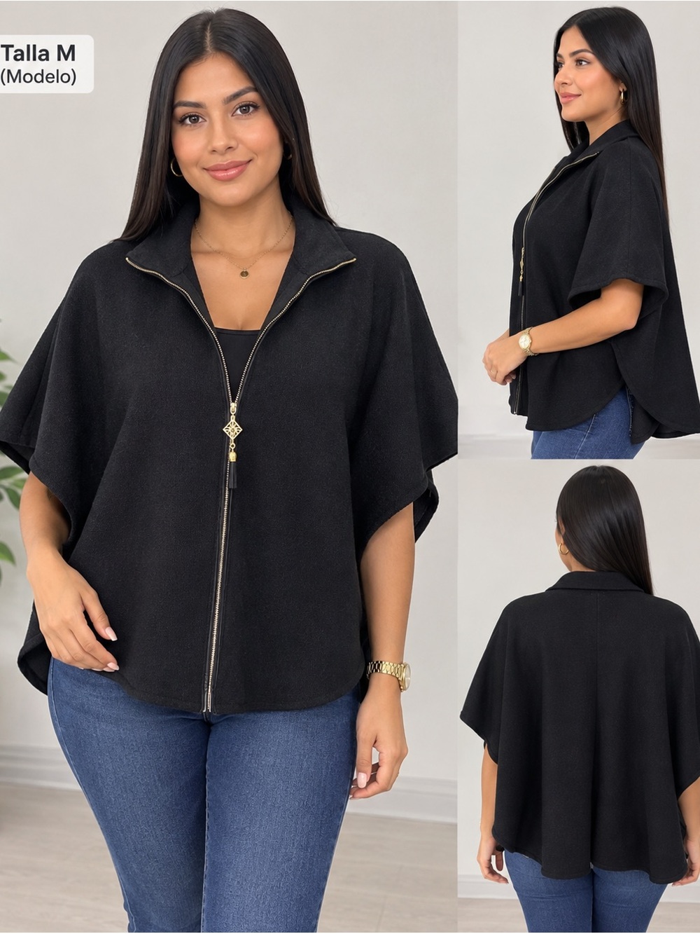 Anne Klein Black Zip-Front Cape Jacket with Gold Trim